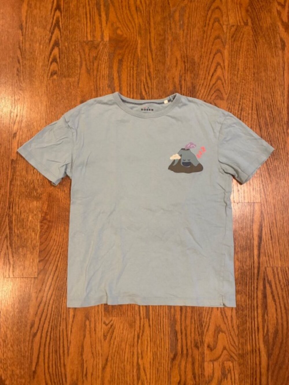Mini Boden dusty blue tee with volcano print size 11-12 years